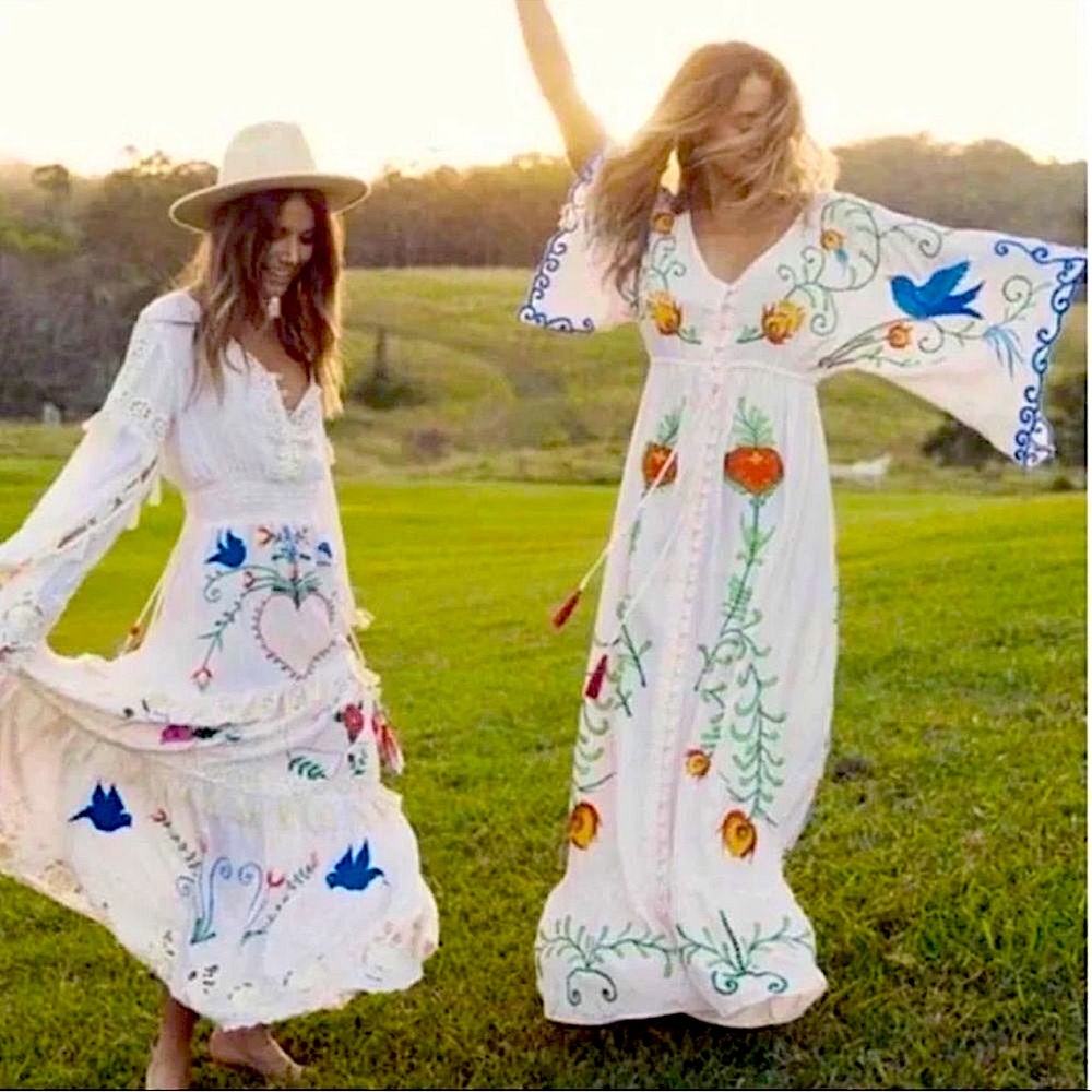 💎Embroidered Maxi Dress V-Neck Batwing Sleeve Oversized Dress Cali Boho Chic